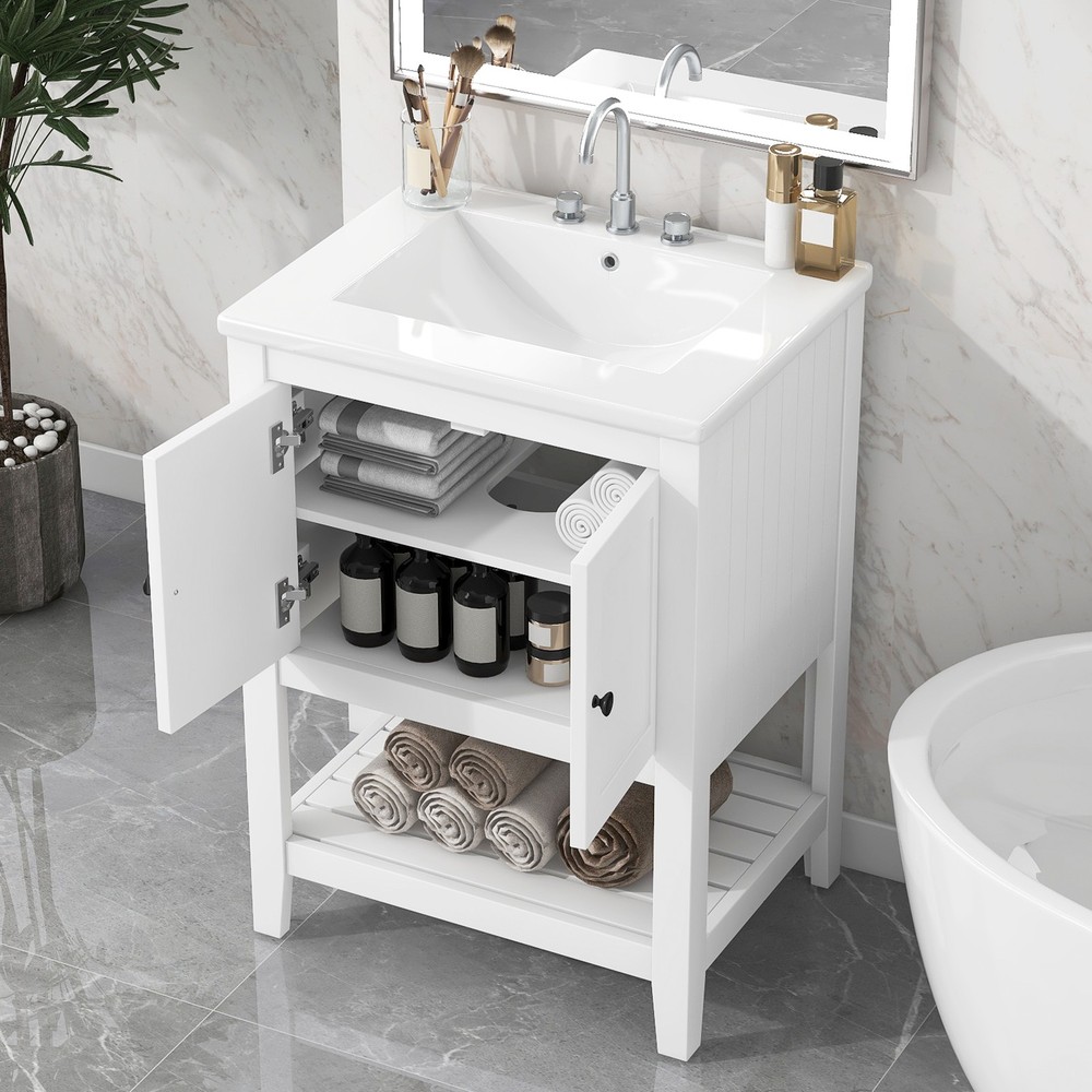 [VIDEO] 24" White Modern Sleek Bathroom Vanity Elegant Ceramic Sink with Solid W