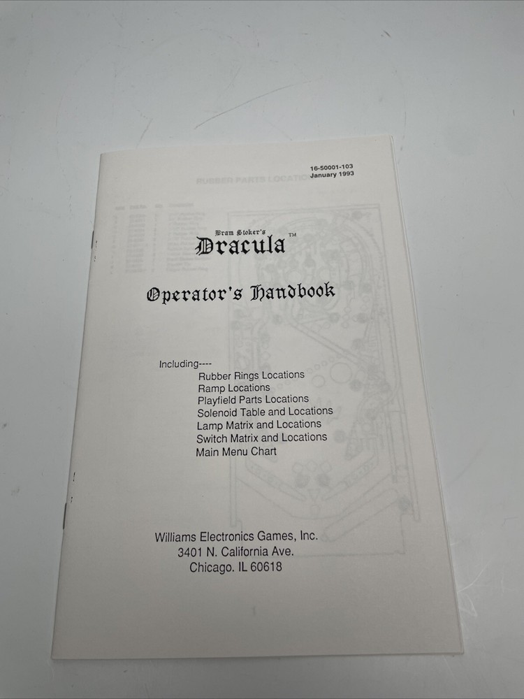 Williams Bram Stoker's Dracula Pinball Manual Operators Handbook ORIGINAL