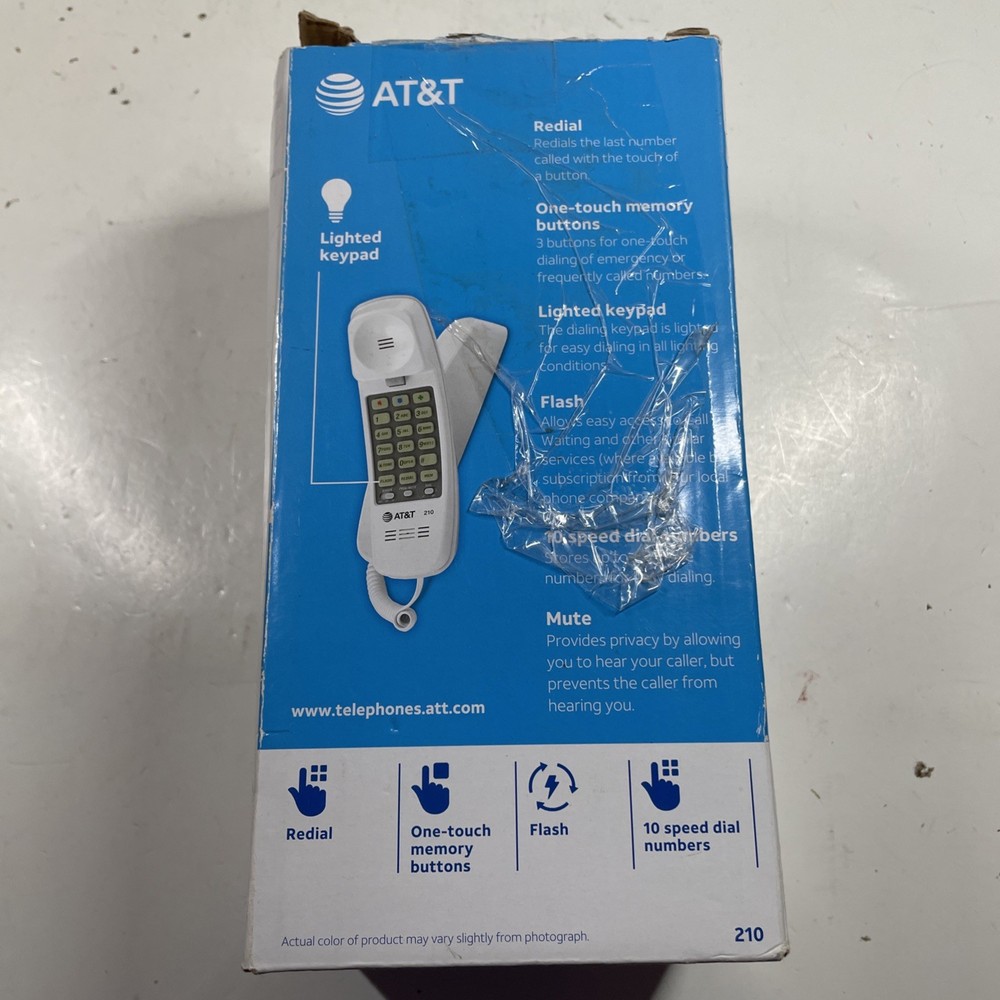 AT&T 210 Basic Trimline Corded Phone Single Line No AC Power Required White