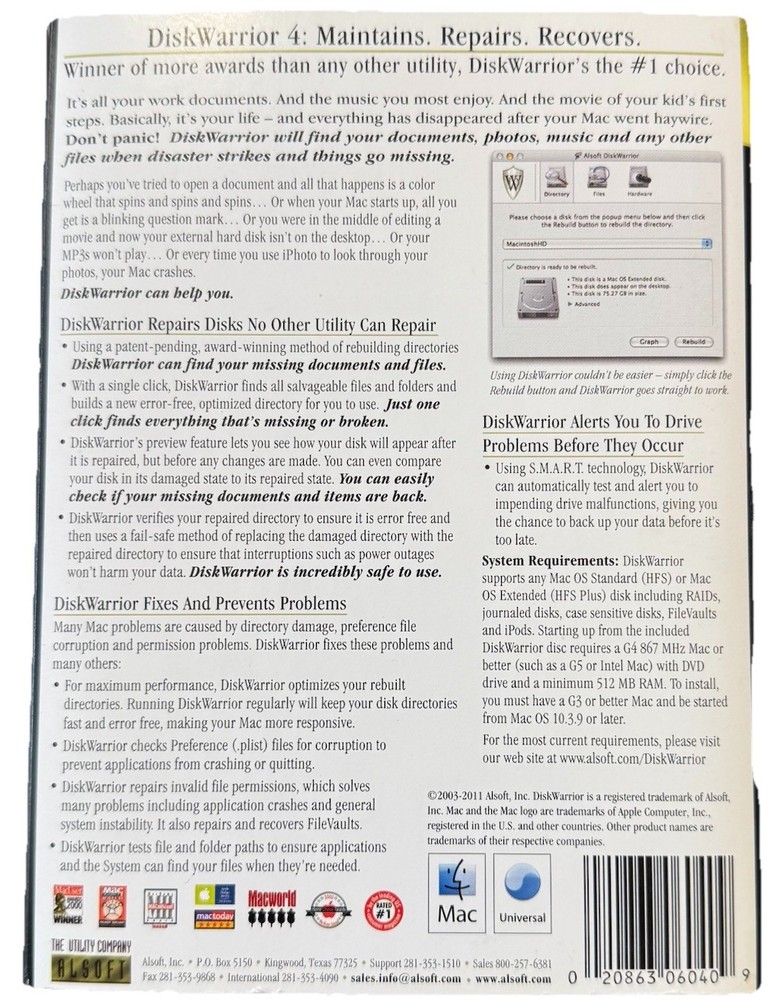 Alsoft DiskWarrior v4 Mac Disk Utility - COMPLETE IN BOX - Rev 1109 MINT CD