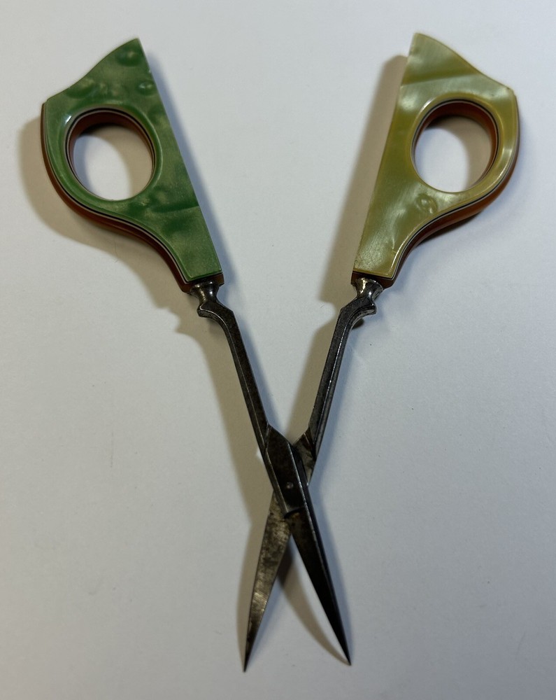 Green & Yellow Celluloid Handle Sewing Scissors, 5” Vintage