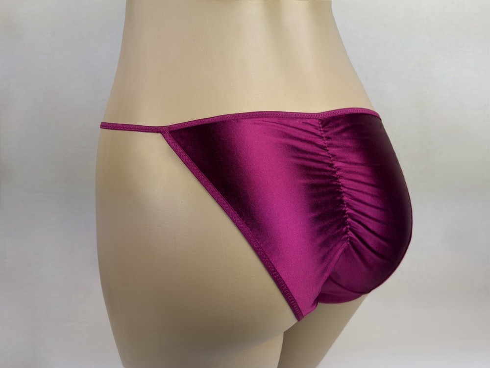 Satin String Bikini Scrunch Butt 3/4 Ruching Burgundy S/5