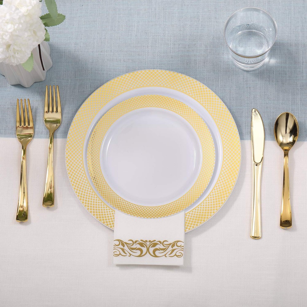 175 Count 175Pack Gold Dinnerware Set 10" Dinner Plates, 7" Dessert Plates