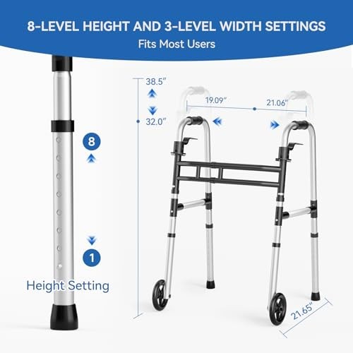 Lightweight Folding Walker for Seniors, Adjustable Height & Width, 5'' Front Whe