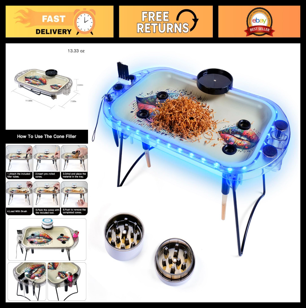 Herb Grinder Rolling Tray Kit with Pre-Rolled Cone Loader & LED Light - Mess-Fre