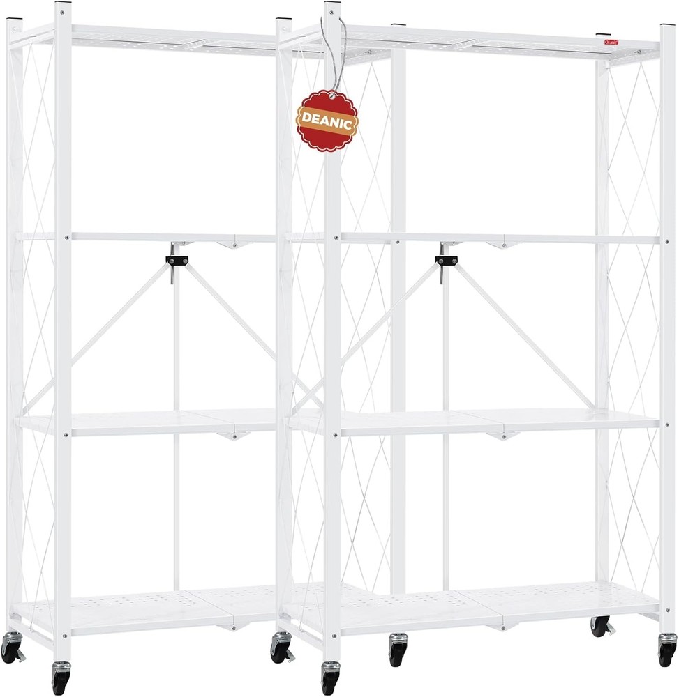 Foldable Storage Shelves 4 Tier Shelving Unit W/ Wheels Large Capacity