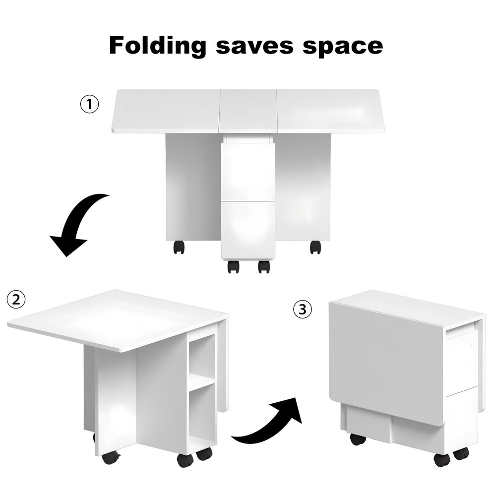 Folding Dining Table Set 4 Chairs, Space Saving with Storage & Wheels, White