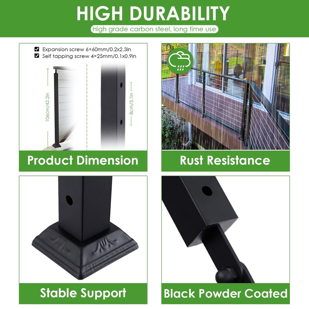 42" Cable Railing Post, Matte Black Stainless Steel Level Drilled Railing Post