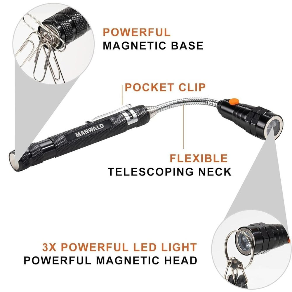 LED Magnetic Pickup Tools Telescoping Flashlights with Extendable Magnet Stick