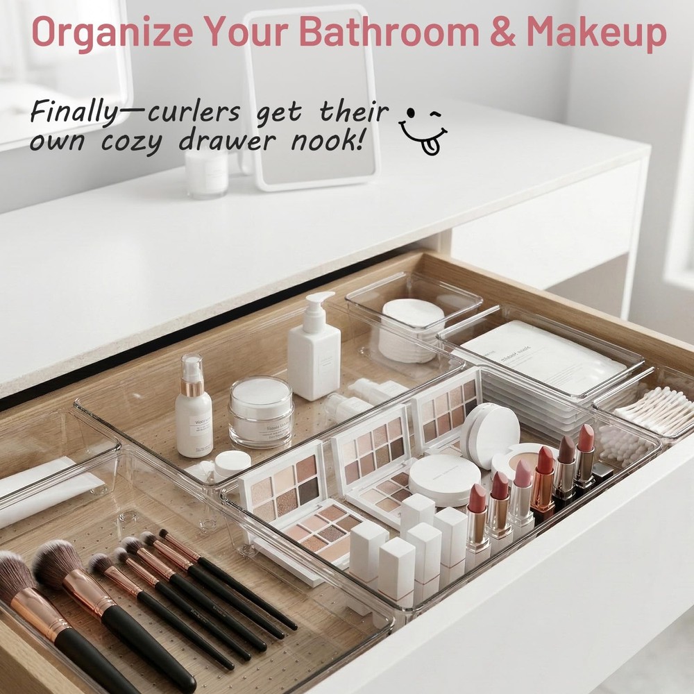 Drawer Organizer, 10 Pack Large Clear Plastic Organizer Bins 5 Sizes, Versati...