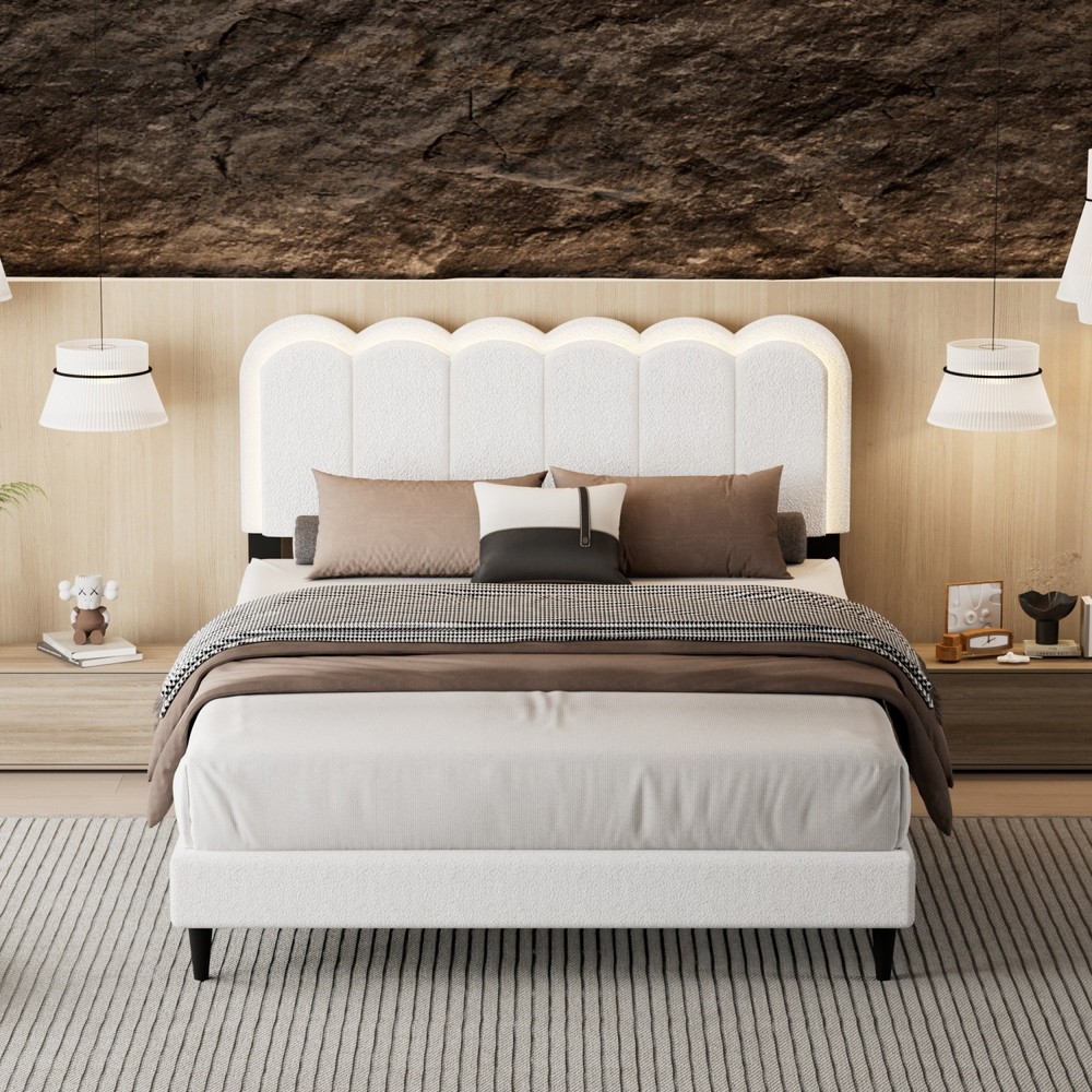 Full/Queen Size Platform Bed Frame with Upholstered Headboard & LED Light White