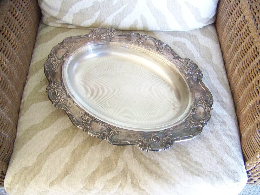 Vtg TOWLE SILVERPLATE OVAL Serving Tray ROSEBUD SCROLLWORK & PYREX Baking Dish