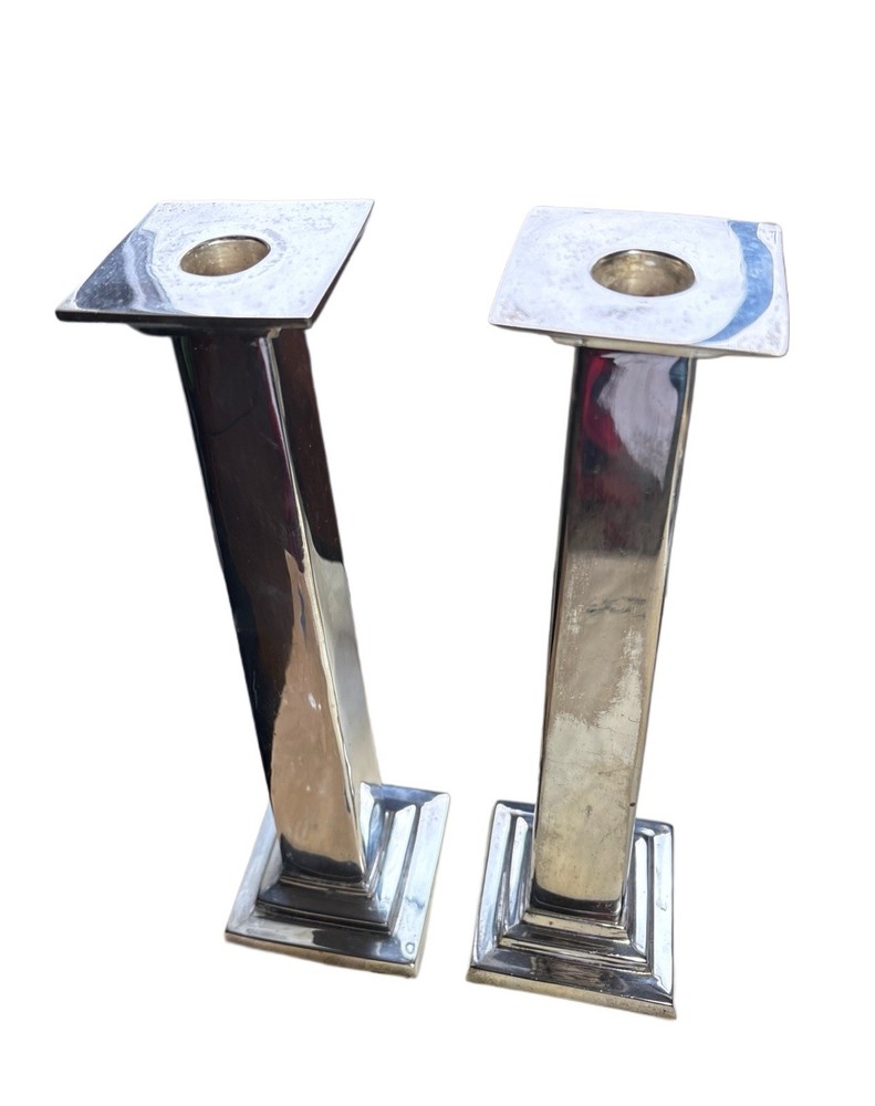 Pair Silver Plated Candlesticks 10.75” India Modern Art Deco Square Base