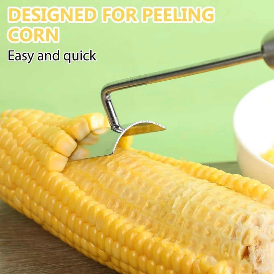 2PC Corn Peeler Stainless Steel Corn Cob Stripping Tool w/ Hook Long Handle Corn