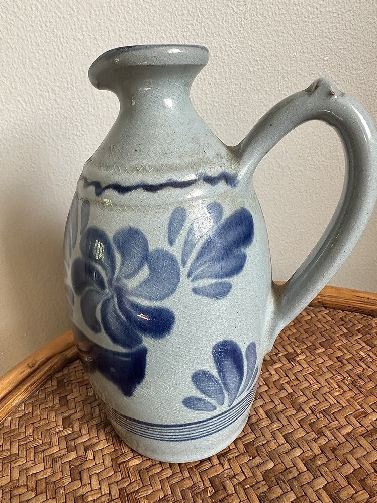 Blue Floral Handmade Pitcher Signed