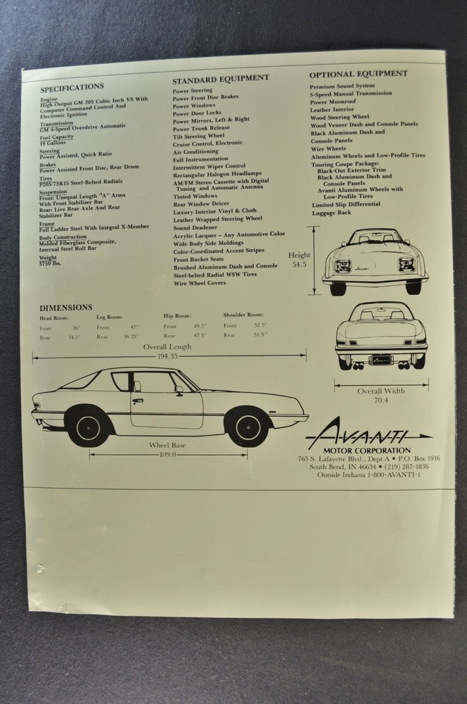 1984 Studebaker Avanti Coupe Sales Brochure Folder Original 84