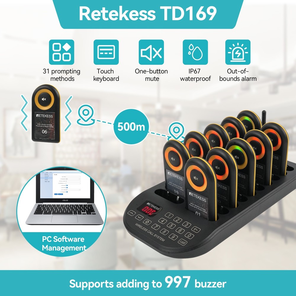 RETEKESS TD169 wireless calling system pager for restaurant PC function 20 Pager