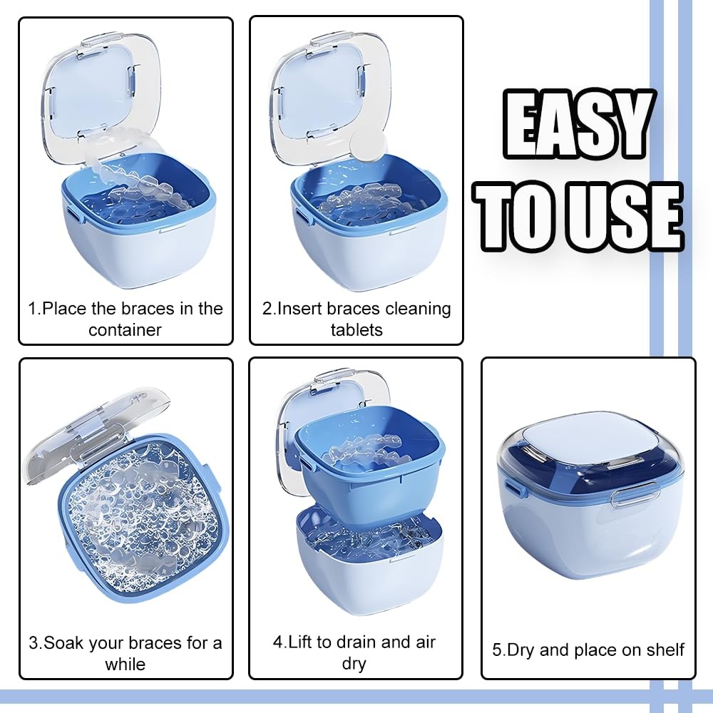 Denture Case, Retainer Cleaning Box, Large Capacity Container Blue