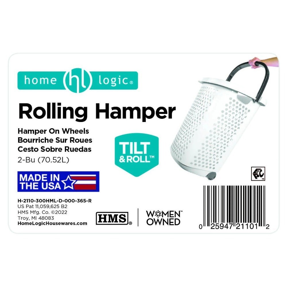 Rolling Laundry Hamper with Up Handle 2 Bushel Capacity White Storage Basket