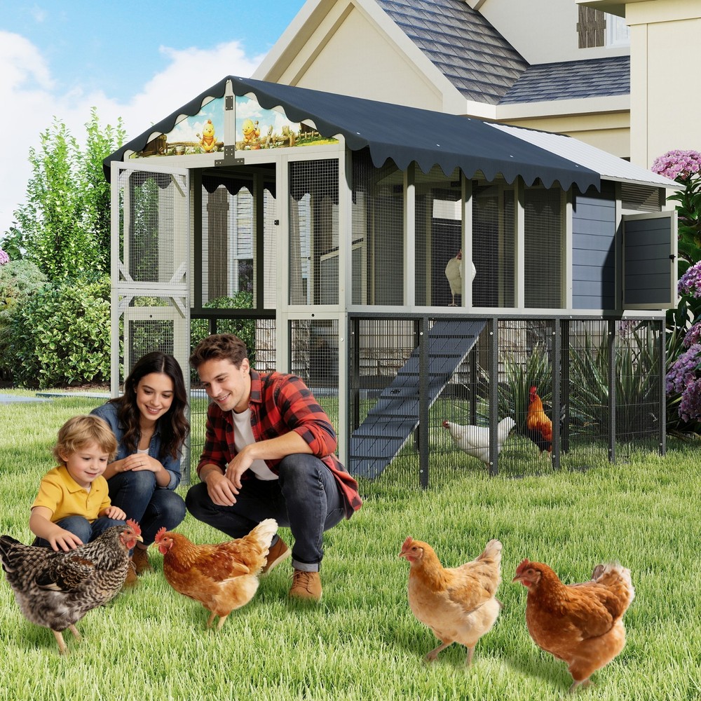 Extra Large Chicken Coop with Nesting Box, Perches and Waterproof Cover Gray