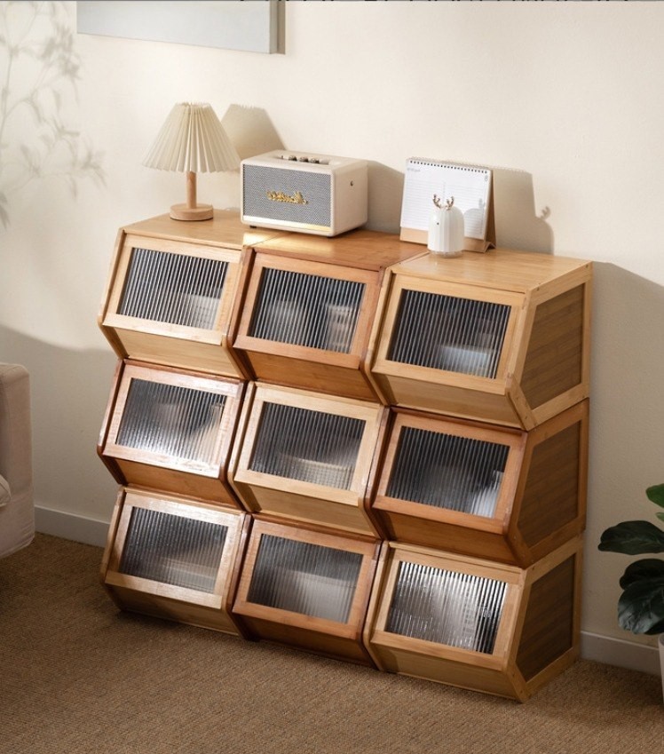 Modular Stackable Wood Storage Unit, Transparent Front, Brown/Black Finish