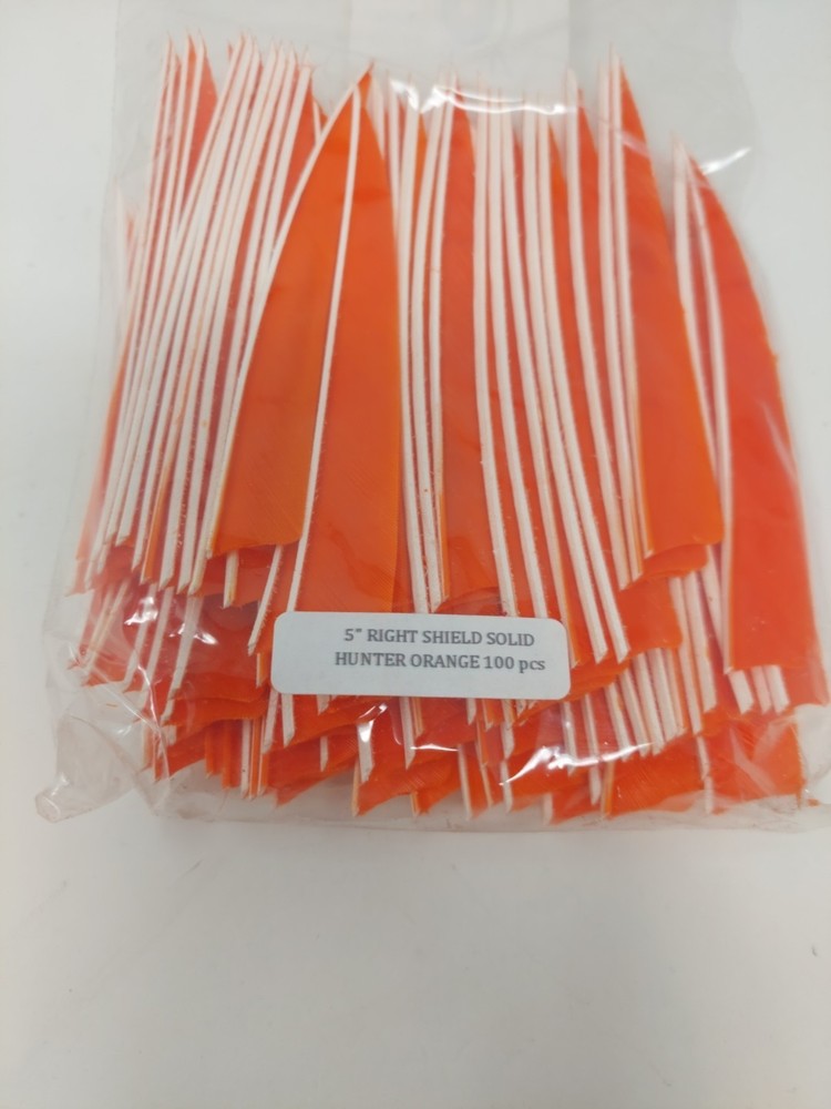 100pk Bullseye Archery Feathers 5" Right Wing: Shield Solid Hunter Orange