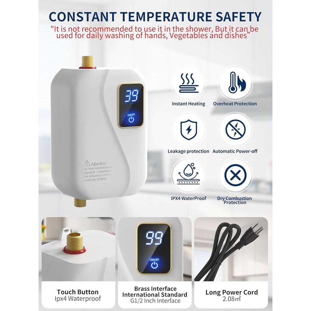 Calentador De Agua Electrico Instantaneo Sin Tanque 110V Para Cocina Casa 3000W