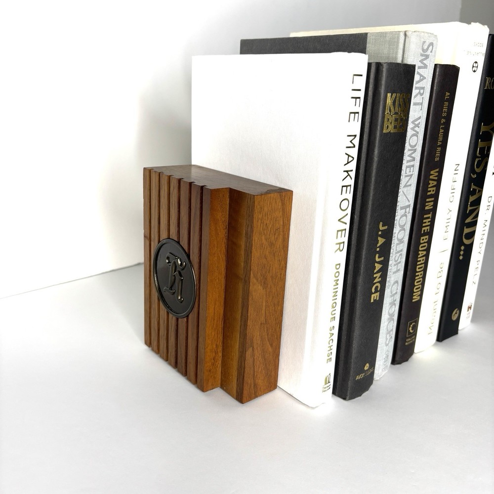 Bookends Solid Walnut Wood Personalized Initial Letter H Mid-Century Modern Book