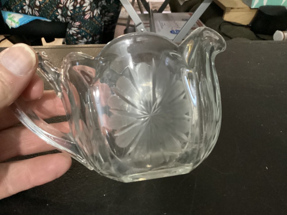 Clear Glass Cream Pitcher w/etched Design