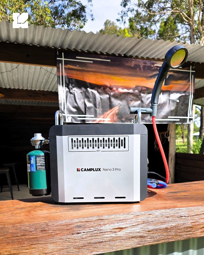 Camplux 1lb Propane Tankless Water Heater On Ground Portable Shower for Outdoor