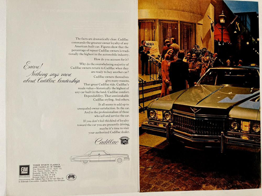 1973 Cadillac Two Page Print Ad Encore Leadership