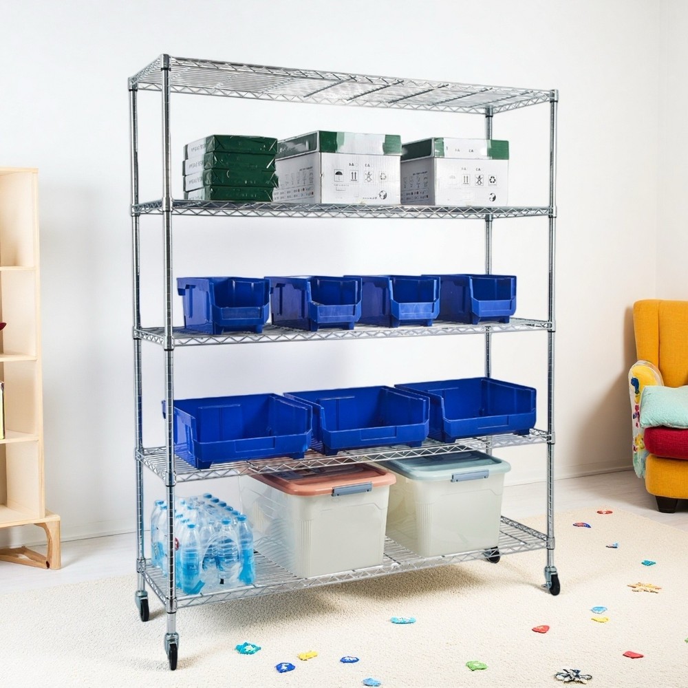 5-Tier Rolling Wire Shelving Unit - Heavy Duty, Modular, Adjustable & Silver