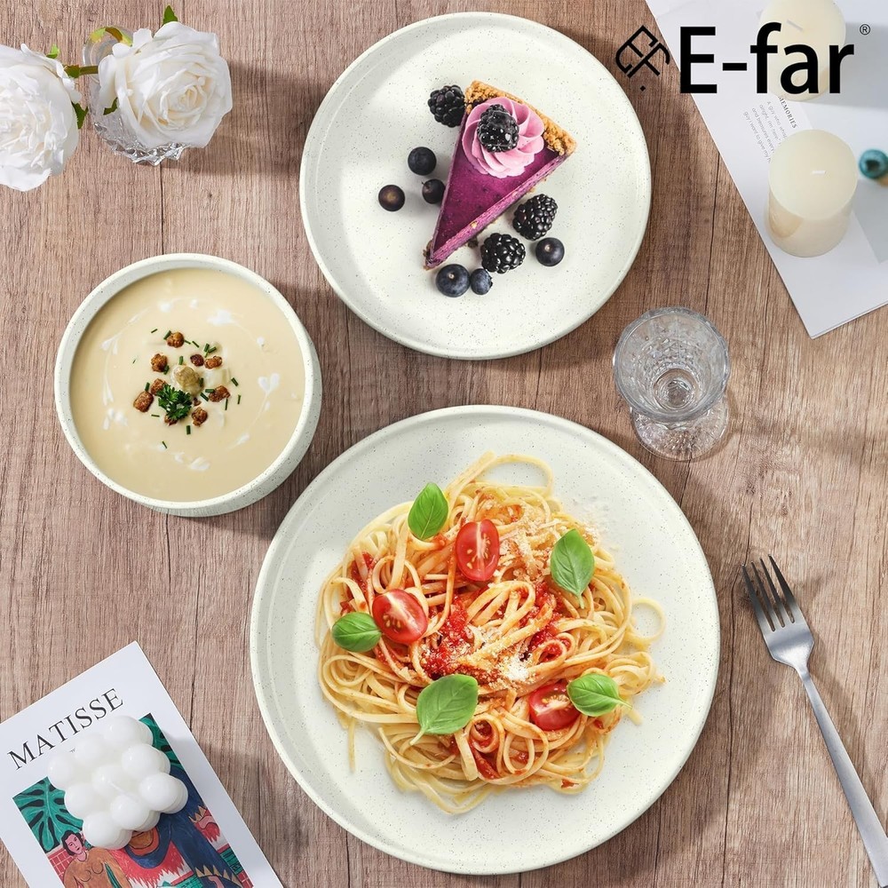 E-far 8-Persons Dinnerware Set Stone White Speckle Scratch Resistant (24-Pieces)