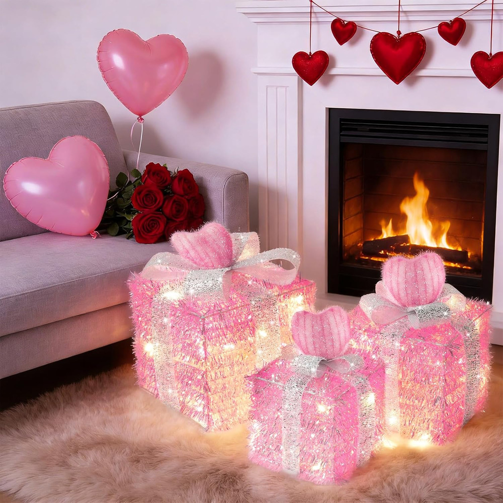 Timer & 8 Mode 3 Pack Pink Valentines Decorations Valentines Lighted Gift Boxes