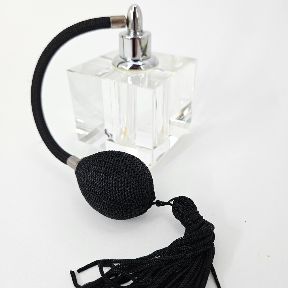 Signed Oleg Cassini Square Crystal Perfume Bottle w/ Black Tassel Atomizer EUC.