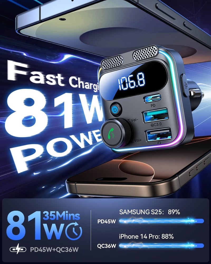 Bluetooth 5.4 Car Adapter FM Transmitter 81W Bluetooth Cigarette Lighter Adap...