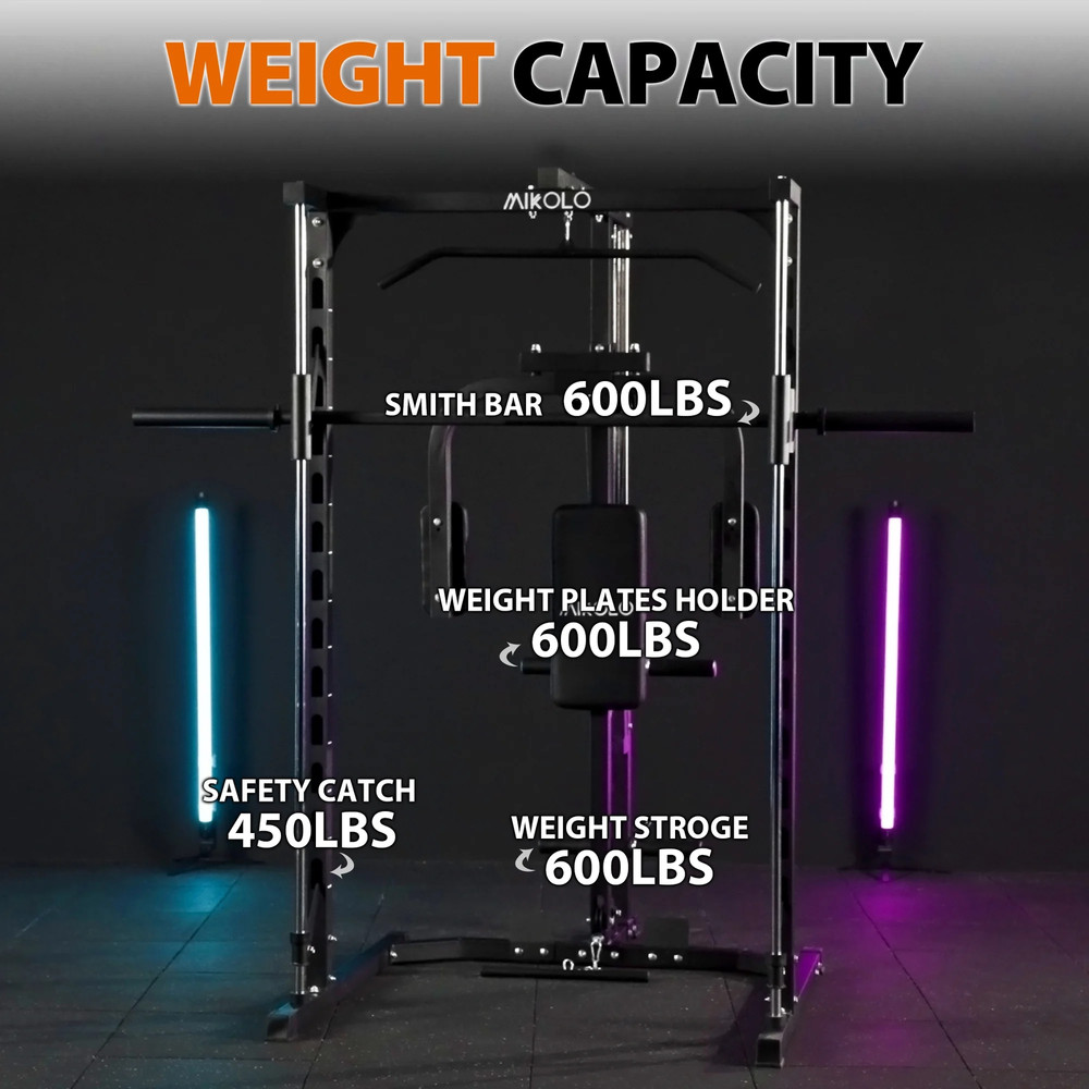 Smith Machine Home Gym, Multi-Functional Power Rack with Pec Deck Machine, Lat P