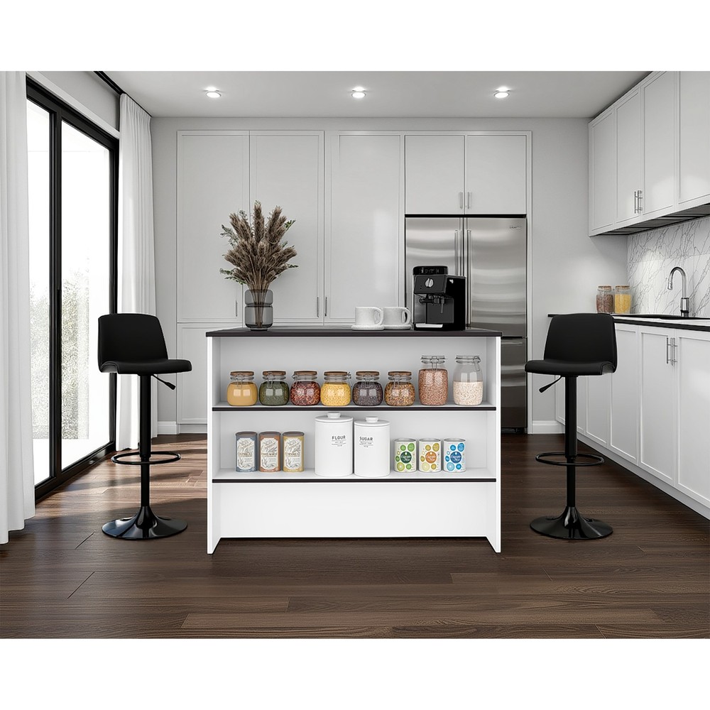 Central kitchen island with modern design, ample storage space Black and whit