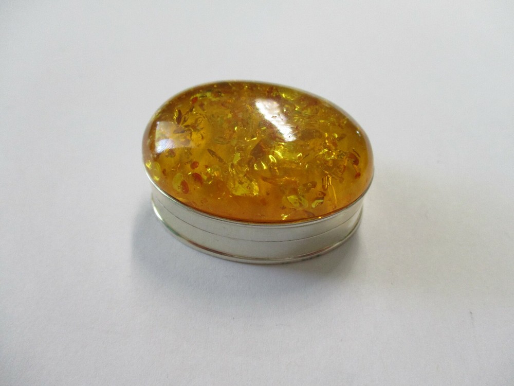 Sterling silver pill box yellow Umber Resin on top  solid 925 silver oval shape