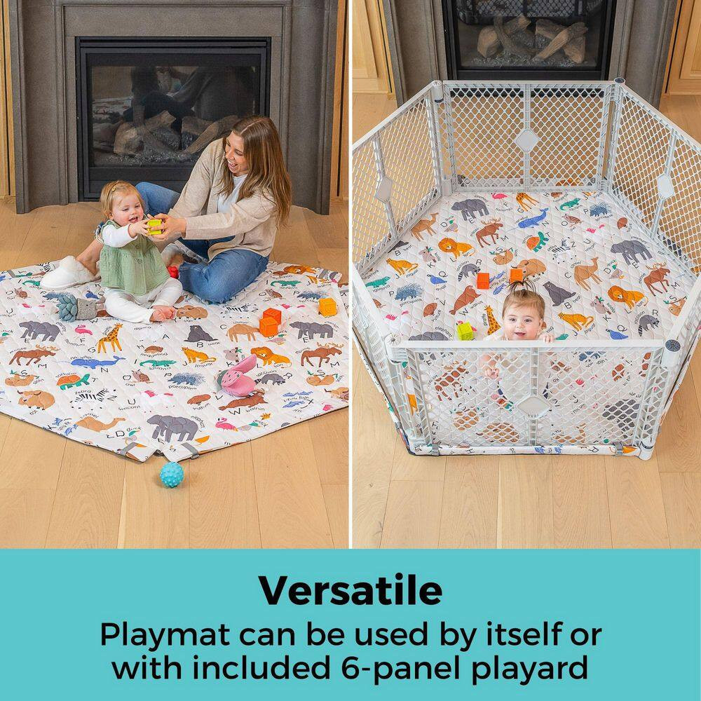 Superyard Nook, 6-Panel Light Gray Playard with Animal ABC Securemat Playmat