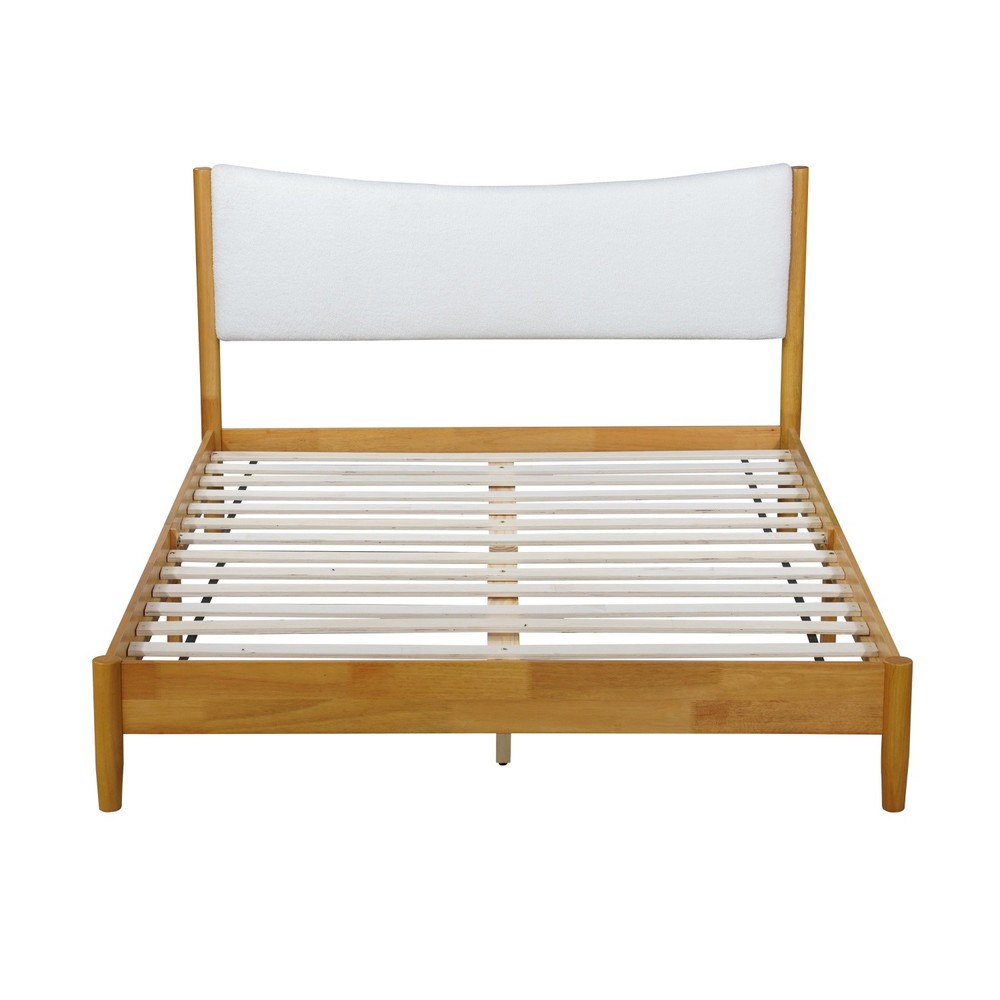 Queen Size Solid Wood Platform Bed Frame w/ Upholstered Headboard Natural