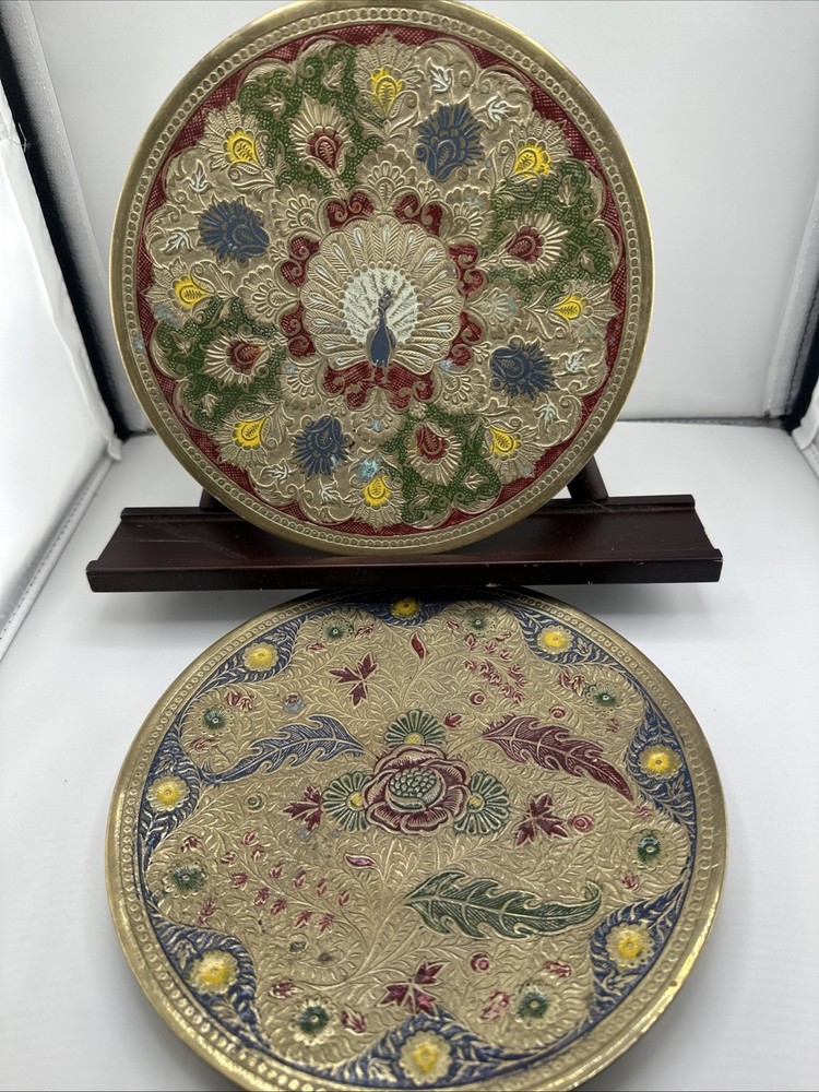 2 Solid Brass Decorative Plate Wall Hanging  w/Peacock And Rose Design