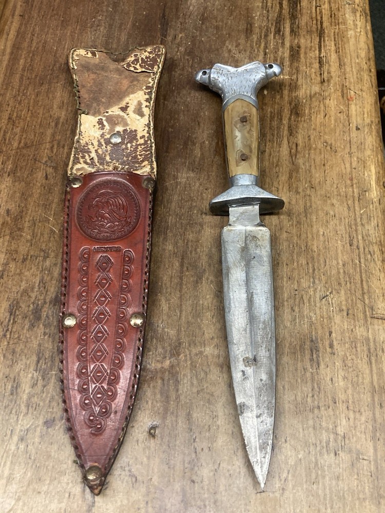 Vintage Hand Engraved Double Eagle Head Silver Mexico Dagger