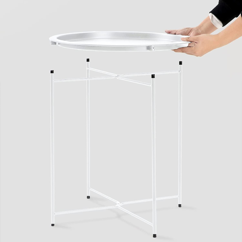 Folding Tray Metal Side Table White round End Table Cyan Sofa Small Accent Fold-