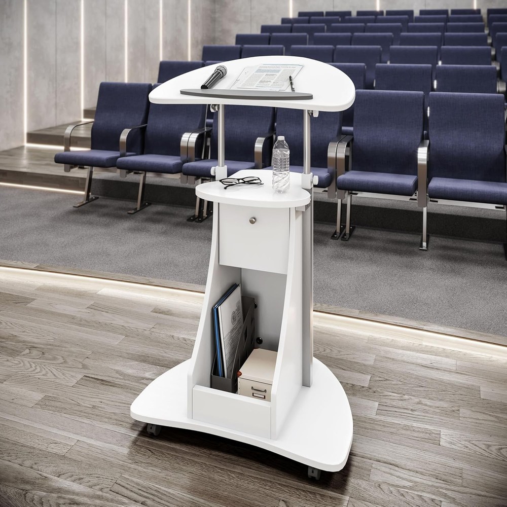 Techni Mobili Adjustable Height Rolling Laptop Cart with Storage, Sit White