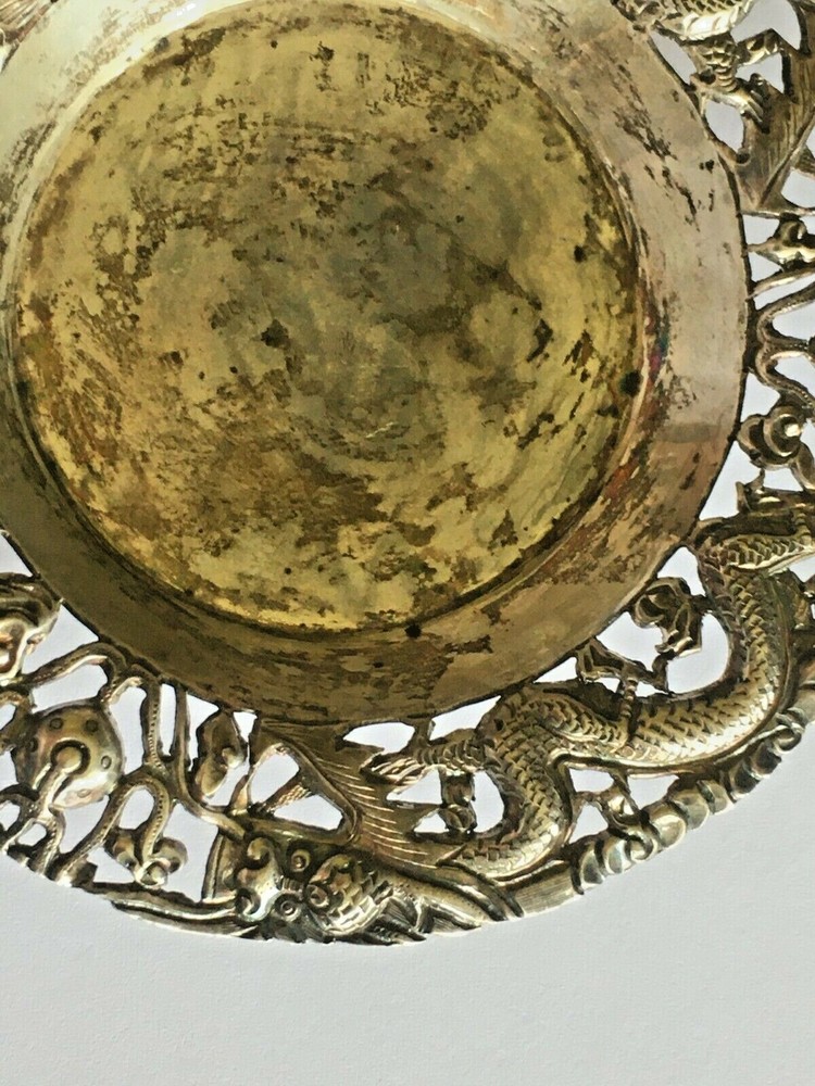 👍 1900s CHINA CHINESE SOLID SILVER DRAGON DISHES PLATES WITH HALLMARK 纯银