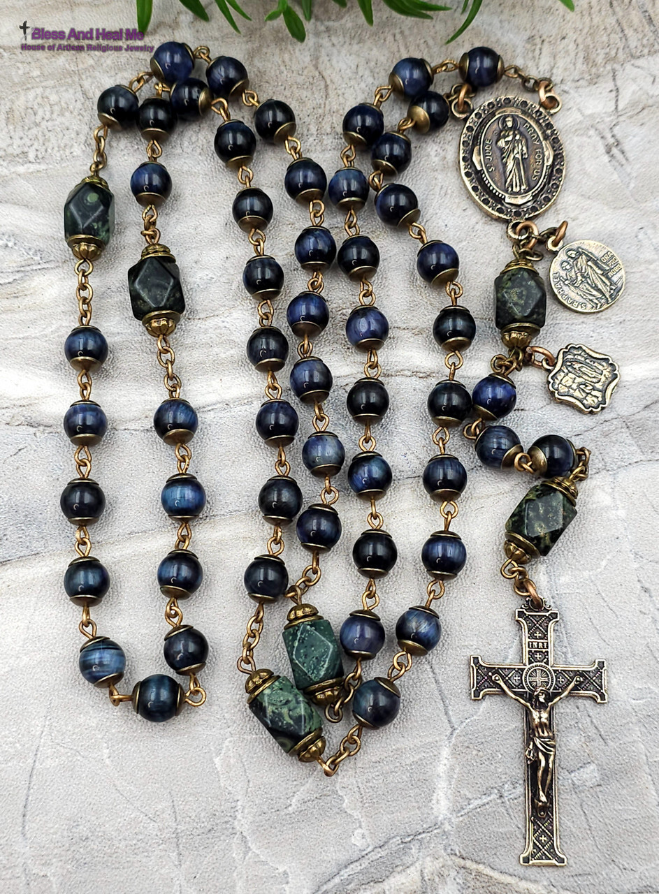 St Jude Raphael Lourdes Blue Tiger Eye Vintage Bronze Rosary