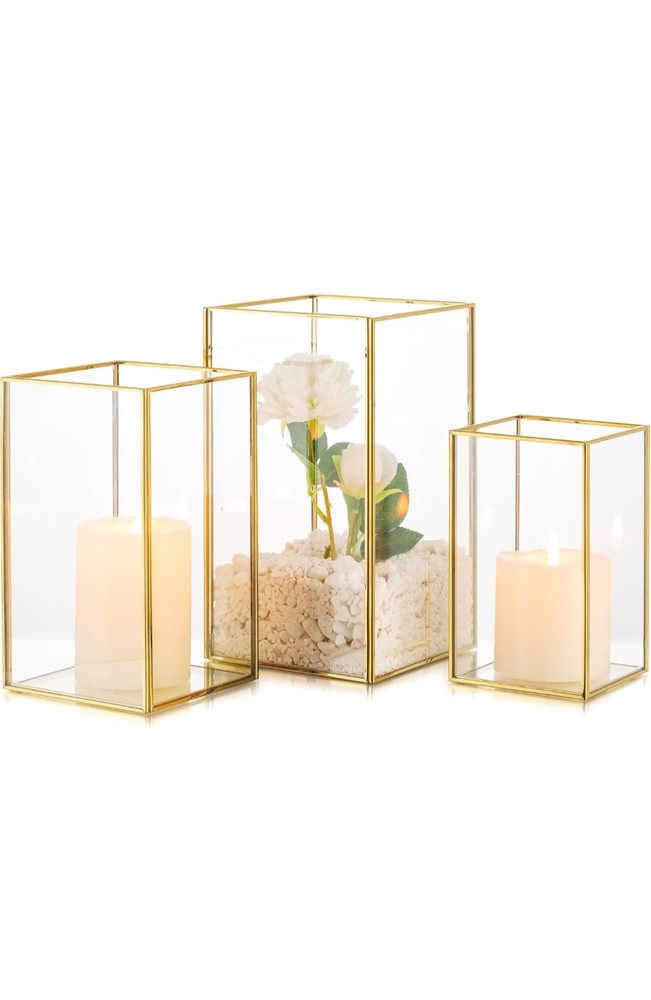 Glass Hurricane Candle Holder: 3 Pcs Gold Large Rectangular  Lantern