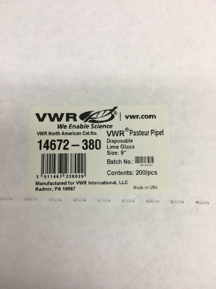 VWR REF 14672-380 Disposable Pasteur Pipettes Borosilicate Glass Size 9"
