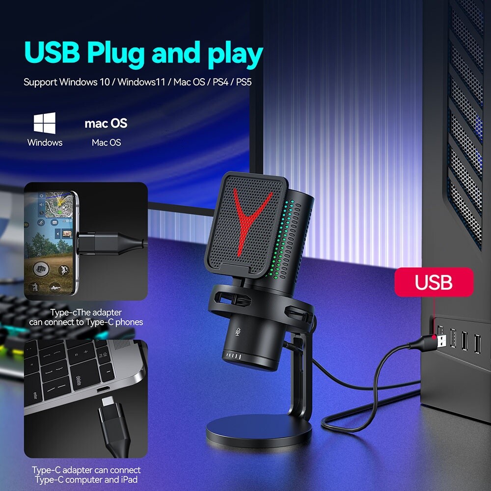 Gaming Microphone USB Computer Microphone for PC Mac PS4/5 Condenser Podcast RGB